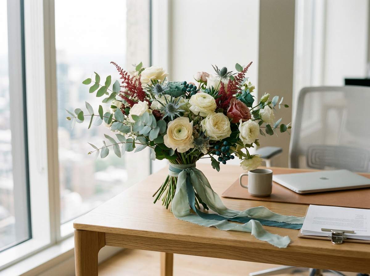 A bouquet of white, pink, and blue flowers with greenery on a wooden table near a window in an office setting, next to a laptop, a cup, and papers.