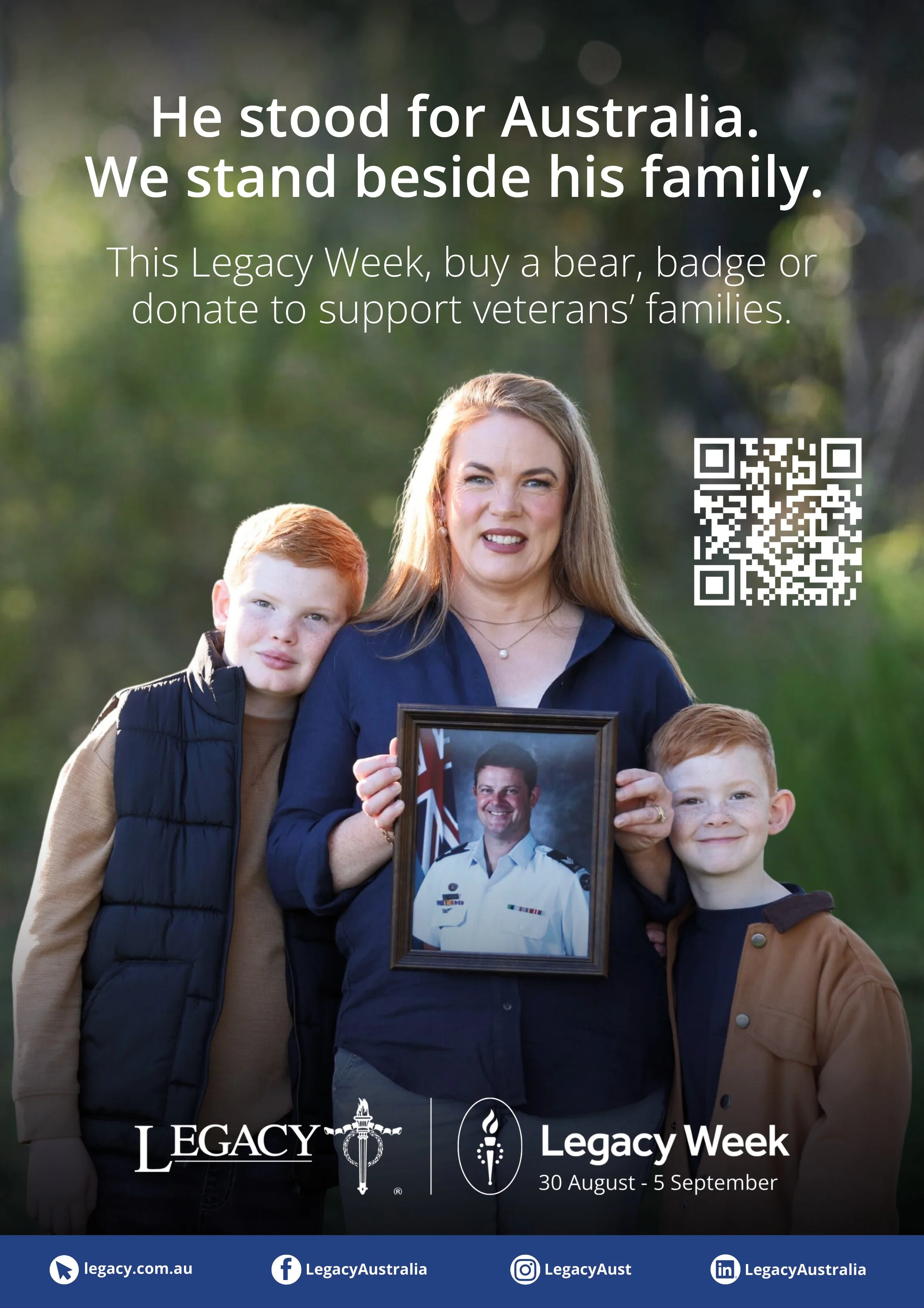 A woman and two children standing outdoors, holding a framed photo of a man in a military uniform, with a blurred green background. The image promotes Legacy Week, 30 August to 5 September, supporting veterans' families.