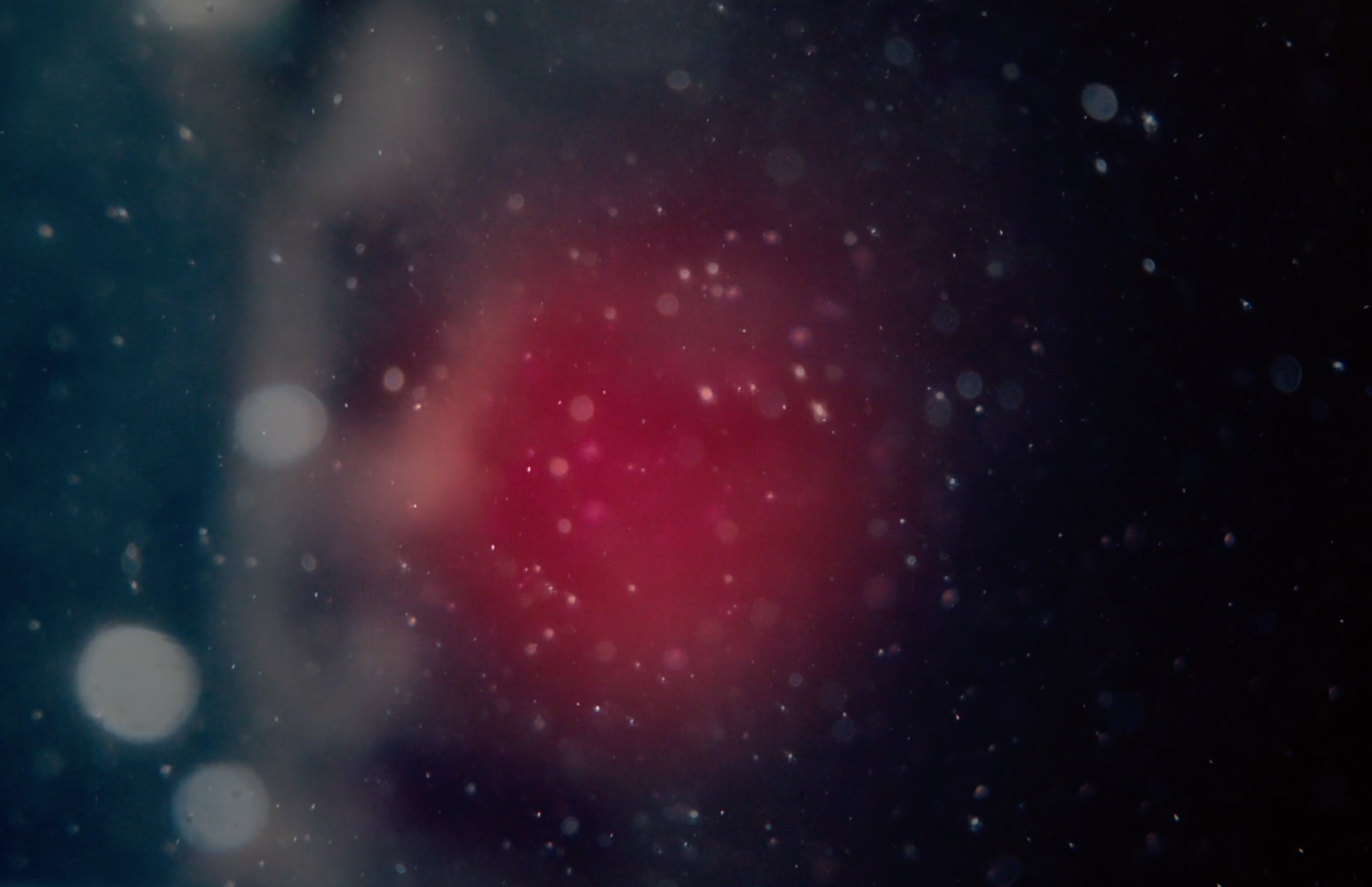 Abstract image with dark background and colorful light bokeh, primarily in red, white, and blue hues.