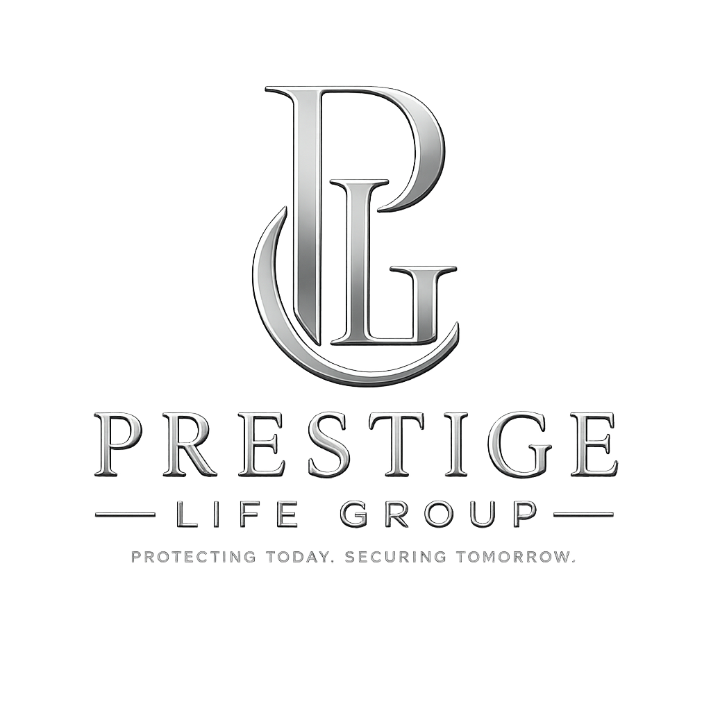 Silver and black logo for Prestige Life Group with stylized initials LP and the tagline, Protecting Today. Securing Tomorrow.