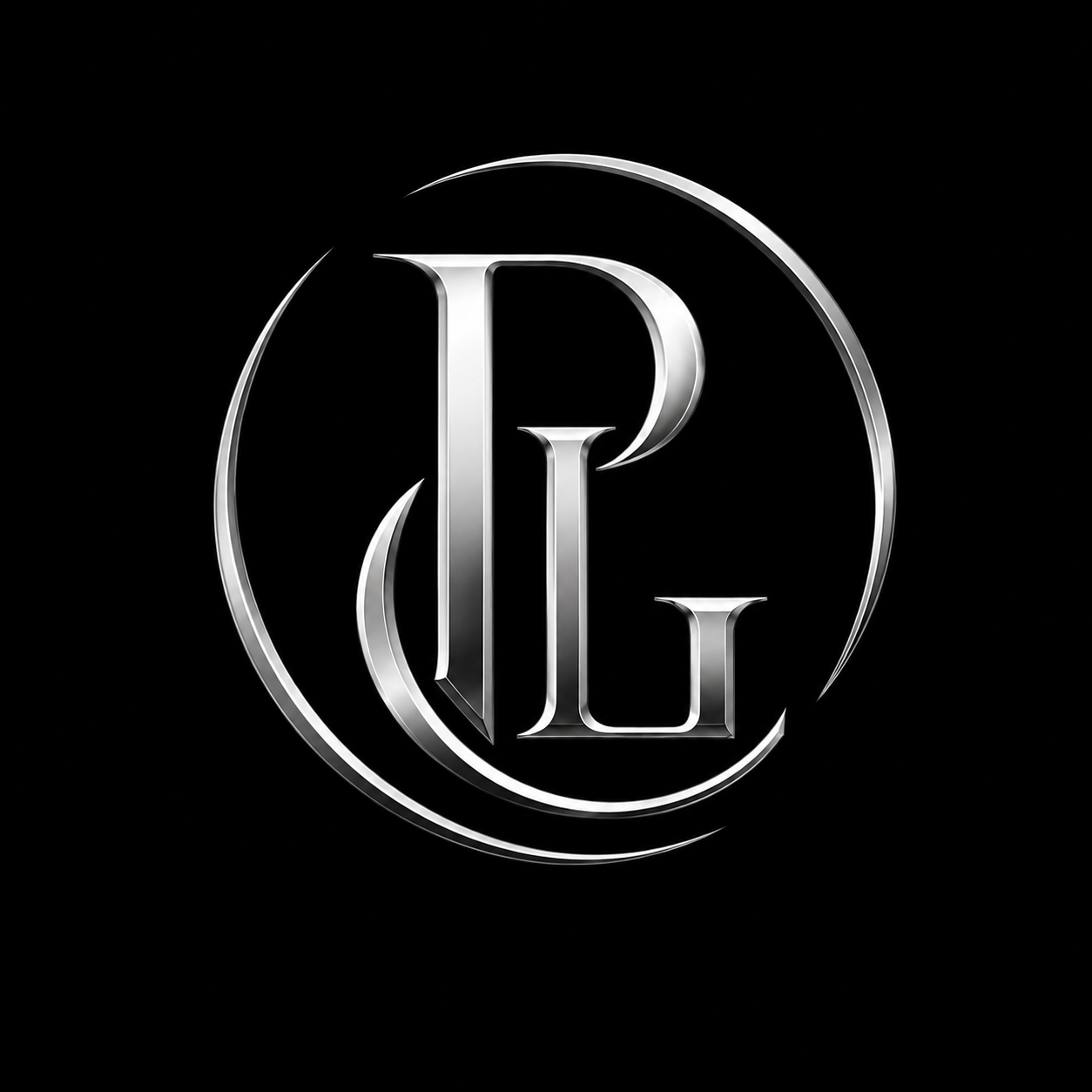 Silver emblem with the letters P and L intertwined, surrounded by a stylized circle, on a black background.