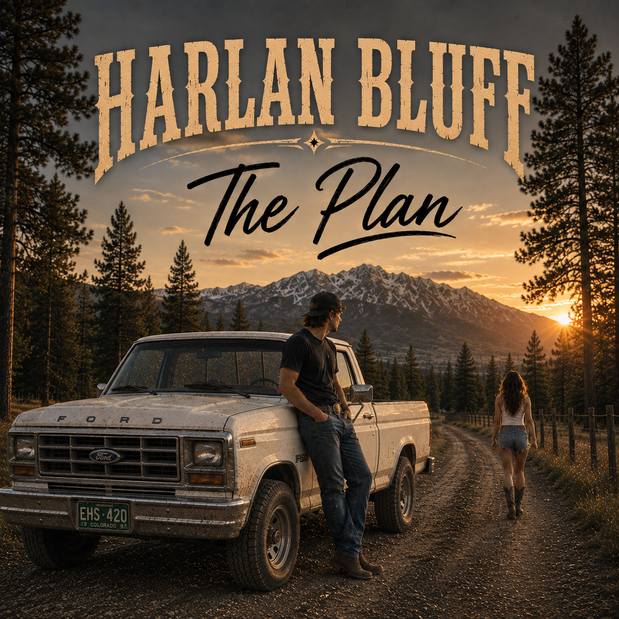 Cover image for single The Plan. Vintage Ford pickup truck on a dirt road in a forested area with mountains in the background during sunset.