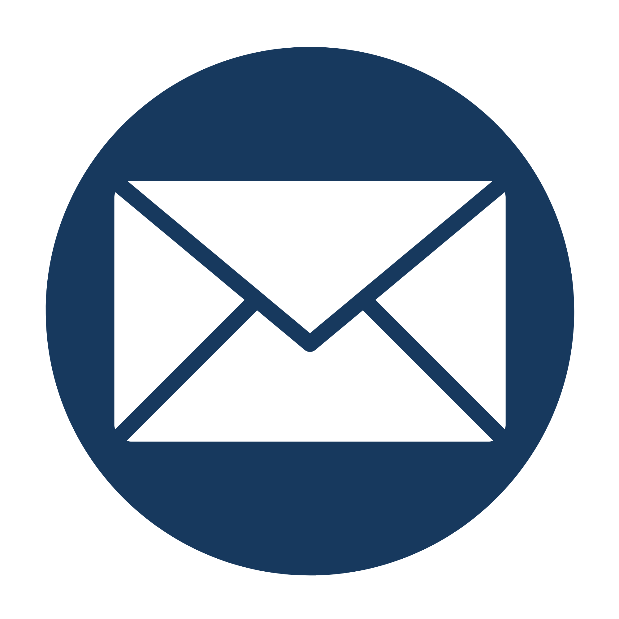 Email icon in a circular badge with dark blue and white colors.