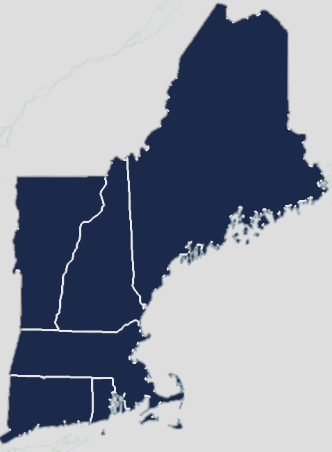 Map displaying the states of Maine, New Hampshire, Vermont, Massachusetts, Rhode Island, and Connecticut in dark blue.