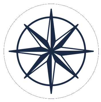 A black and white compass rose with 8 main points and decorative details