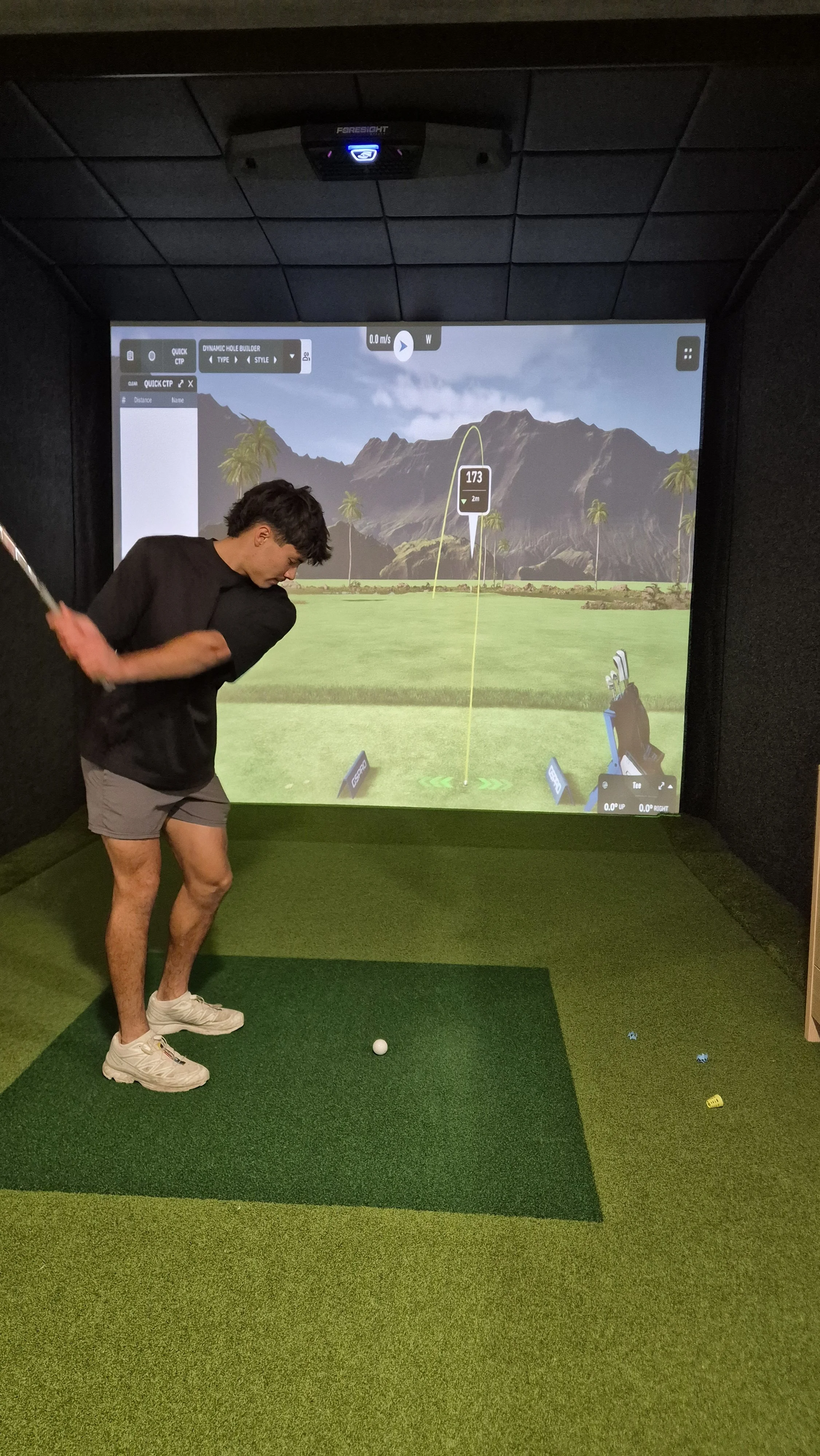 Person practicing golf in a virtual golf simulation room.