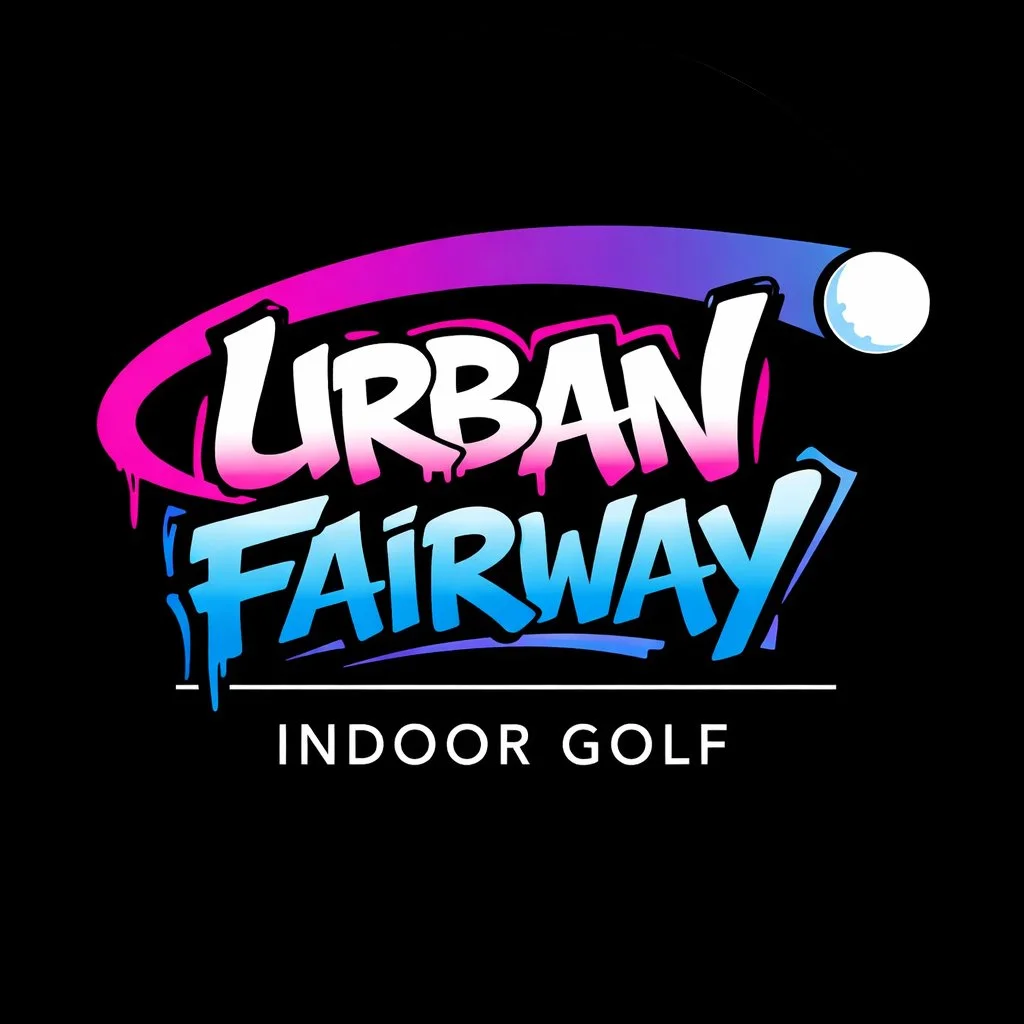 Logo for Urban Fairway Indoor Golf with colorful text and a golf ball in the top right corner.