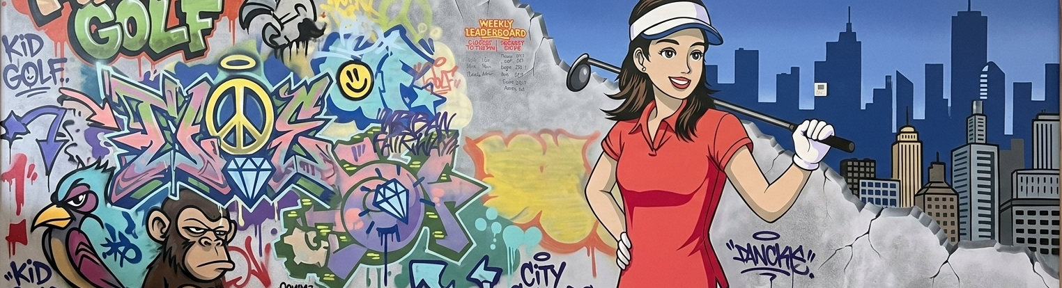 Graffiti mural featuring colorful tags, characters, symbols, and cityscape backdrop. Includes a smiling woman in a red polo shirt and white gloves holding a golf club, breaking through a wall with city skyline outside.