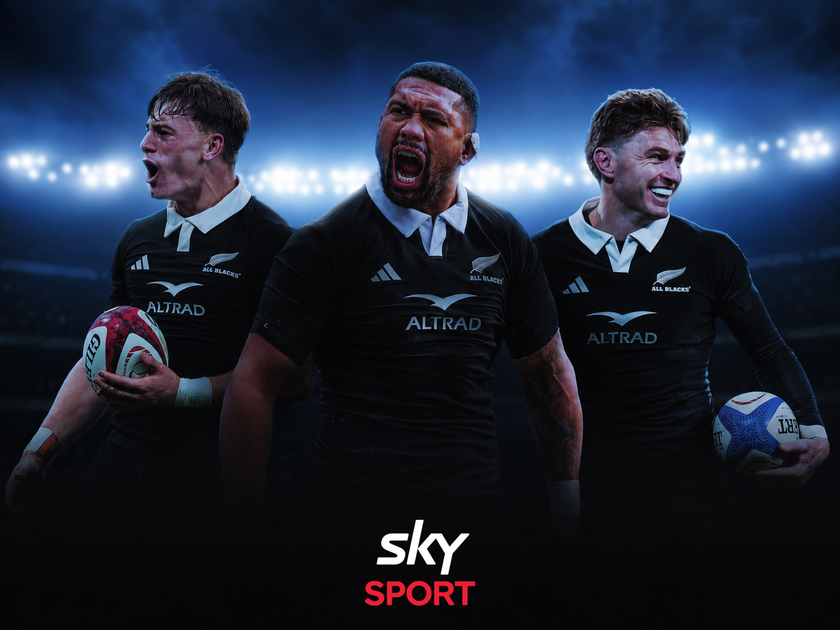 Three rugby players in black jerseys with 'ALTRAD' logo, standing in a stadium under bright lights. The player on the left holds a rugby ball, the player in the middle shouts passionately, and the player on the right holds a rugby ball, all smiling or displaying intense expressions. Sky Sport logo is at the bottom.