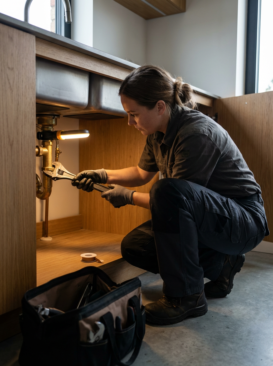 A woman working on plumbing under a kitchen sink. She is using a wrench, wearing gloves, and working with tools from a toolbox nearby in a well-lit kitchen.