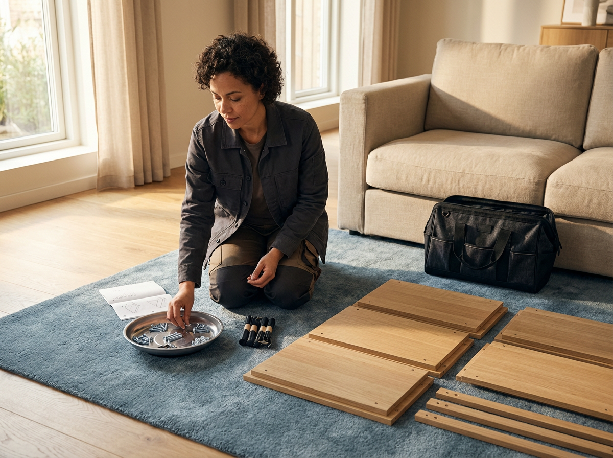 A woman with curly hair assembling furniture on a blue rug in a living room. She is kneeling on the floor, picking up a metal bracket from a tray. There are wooden panels and metal rods laid out nearby, along with an instruction manual. A beige sofa and a black bag are visible in the background.