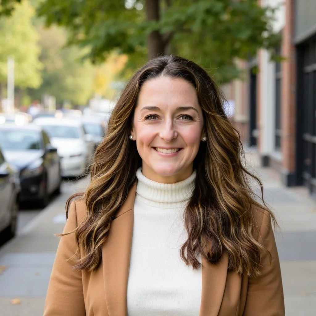 A smiling woman with long wavy brown hair, wearing a tan blazer and white turtleneck sweater, standing outdoors on a city sidewalk with cars and green trees in the background.