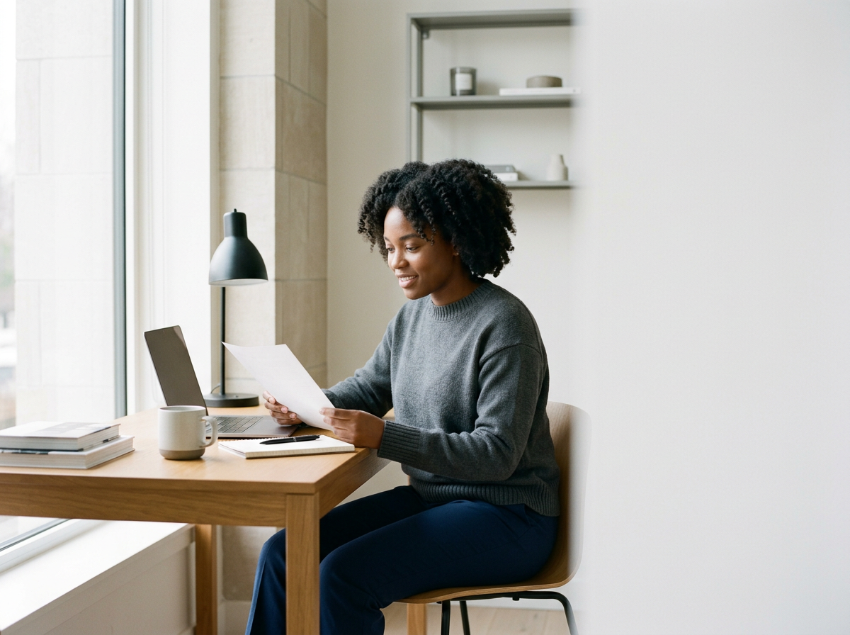 HR advisor reviewing client materials at her desk during a career coaching session