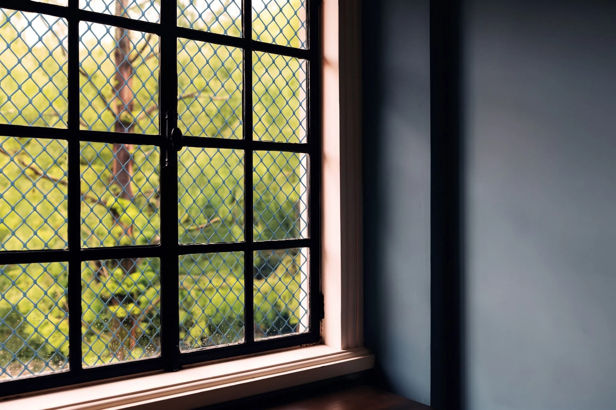 Black-framed window with diamond-pattern security mesh overlooking a sunlit green garden
