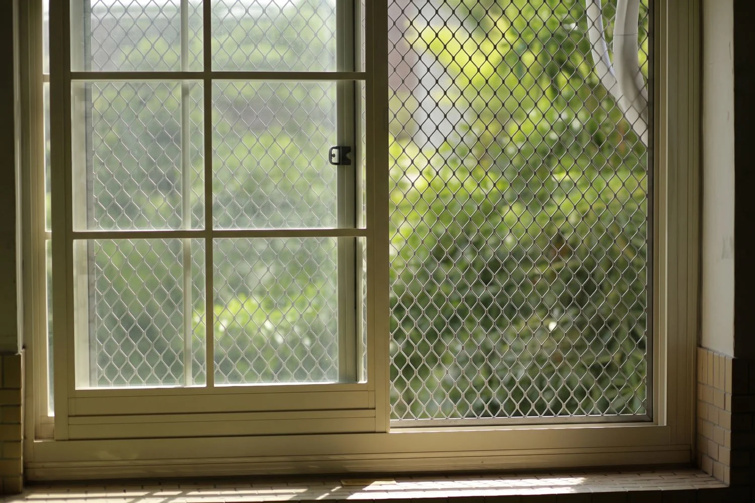Interior view of a window with diamond-pattern security screens overlooking leafy greenery