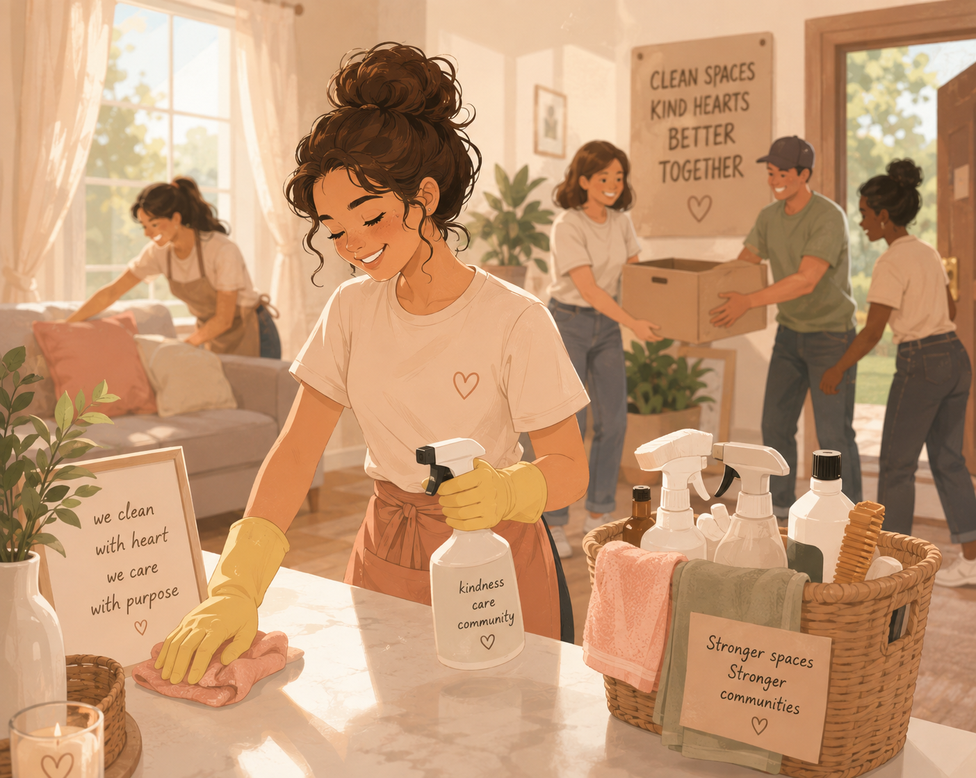 A woman wearing yellow gloves cleaning a table with a spray bottle and cloth, in a warmly lit living room with five other people organizing supplies and moving a box, with signs and greenery around.