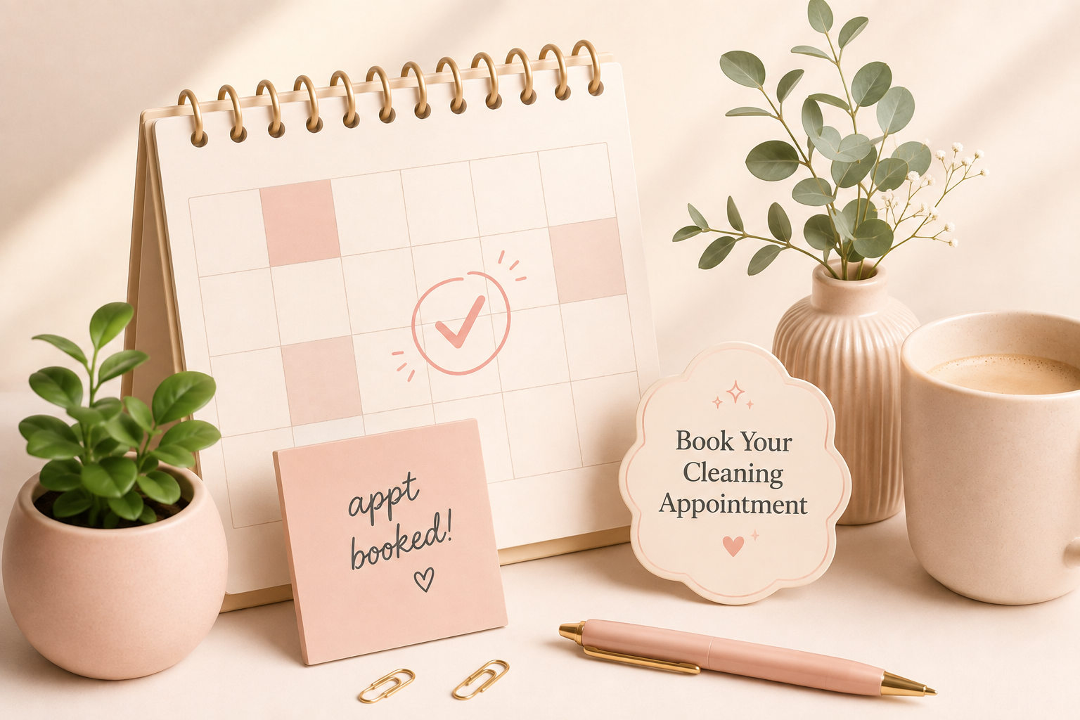 A desk with a pink and white planner, a pink note saying 'app't booked!', and a sign that says 'Book Your Cleaning Appointment' with hearts and sparkles. There are two potted plants, a coffee mug, a pink pen, and paper clips.