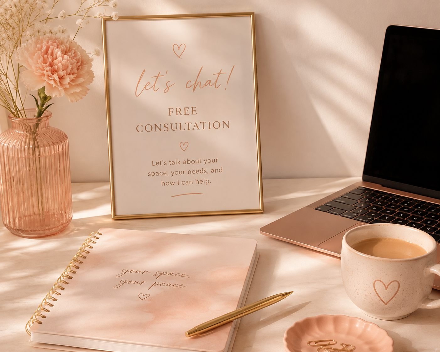 A workspace with a pink vase holding flowers, a framed sign advertising free consultations, a notebook with a quote, a gold pen, a laptop, a coffee mug with a heart, a pink dish with paper clips, and a pink fork, all arranged on a white surface with soft lighting.