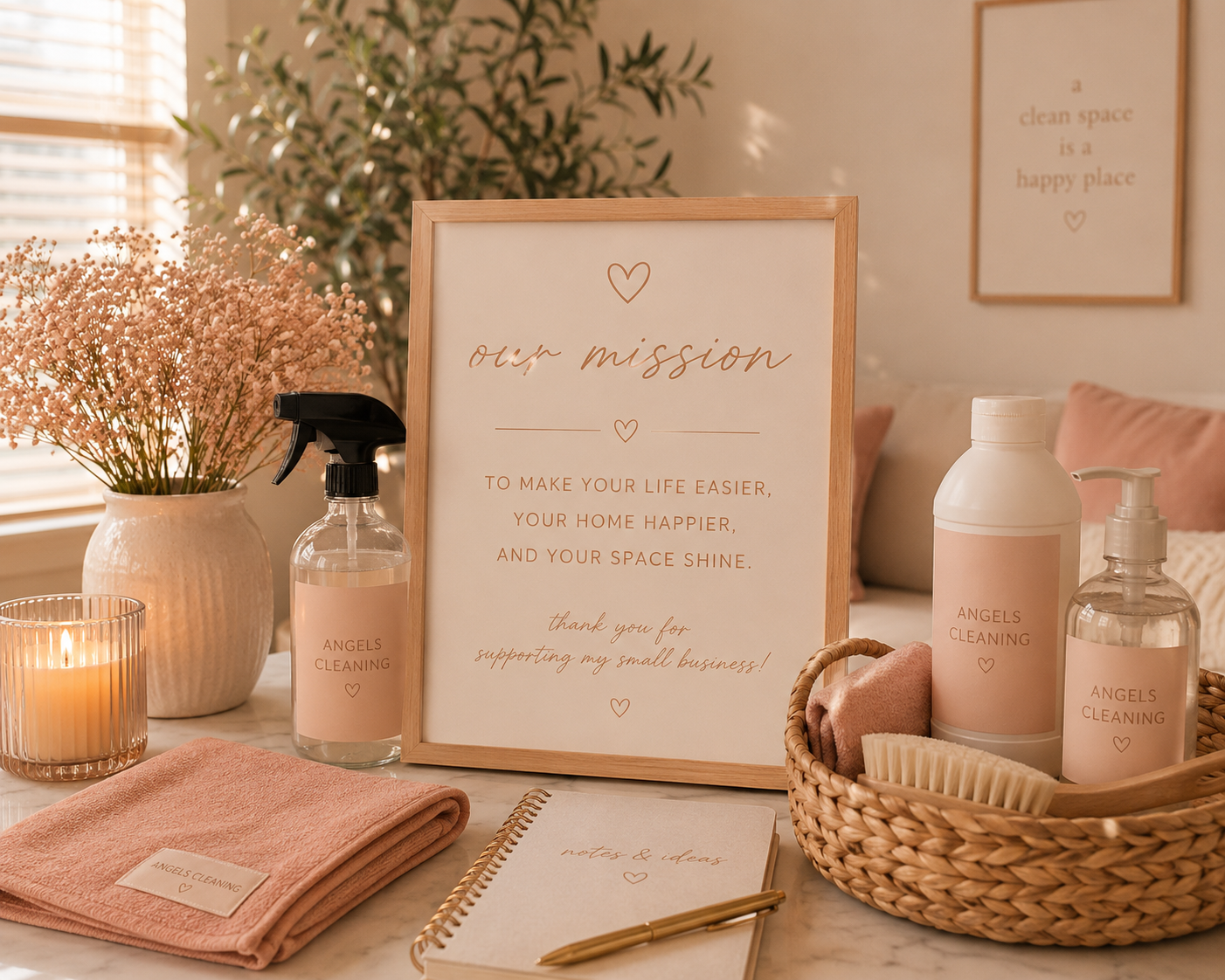 A table with cleaning supplies, a candle, a pink towel, a notebook, and a framed sign with the words "our mission" about making life easier and home happier. A vase with pink flowers is in the background, and there is a framed quote on the wall that says "a clean space is a happy place."