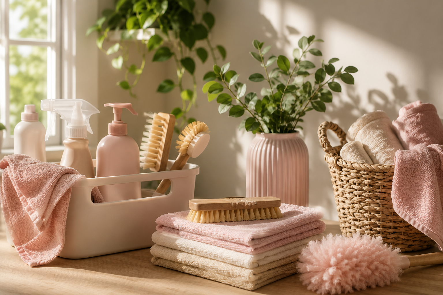 Bathroom or spa supplies including cleaning sprays, brushes, towels in pink and cream, a pink vase with green foliage, and a wicker basket, all arranged on a wooden surface near a window.