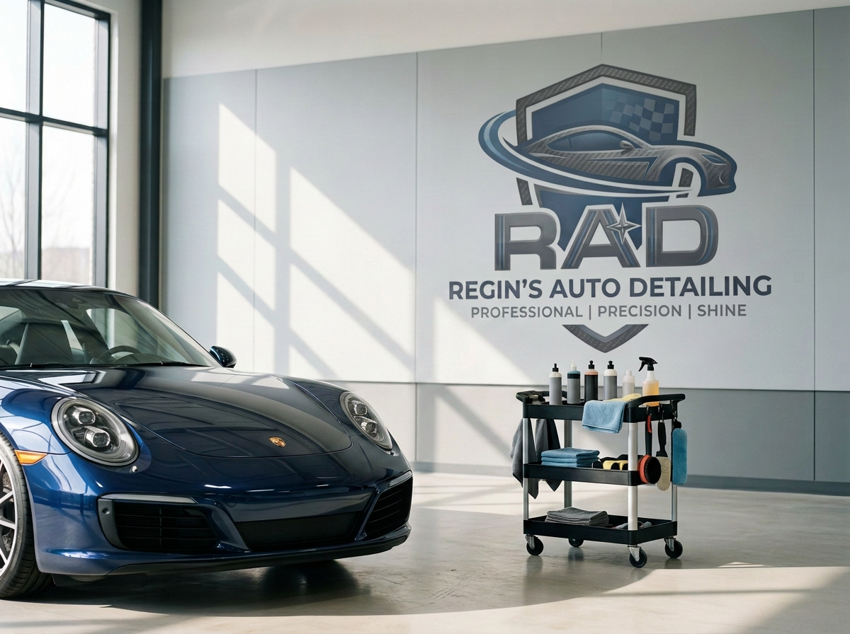 A blue sports car inside an auto detailing shop with a wall sign that reads 'RAD REGIN'S AUTO DETAILING PROFESSIONAL | PRECISION | SHINE'. A cart with bottles of cleaning supplies and towels is next to the car.
