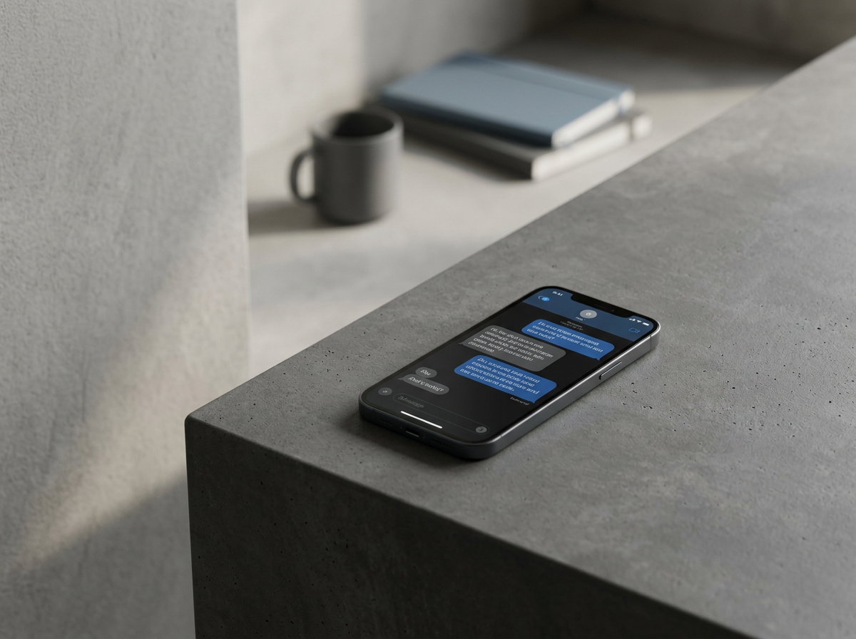 A smartphone displaying a messaging app resting on a gray concrete surface, with a coffee mug and closed books in the background.