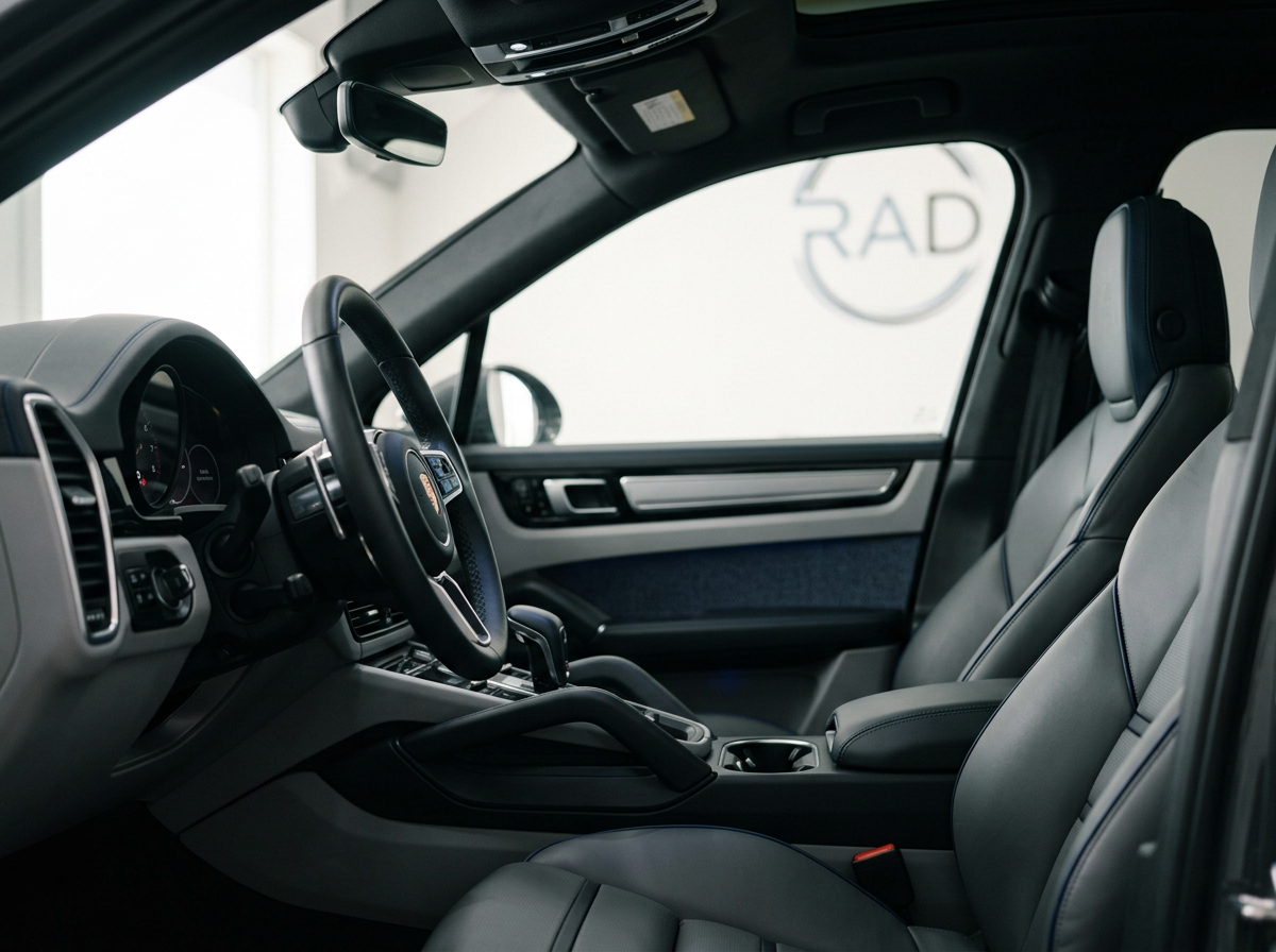 Interior of a modern vehicle showing the steering wheel, dashboard, and front passenger seat.