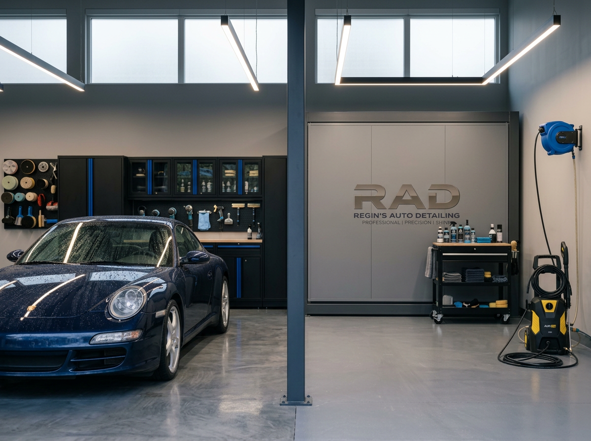 Inside an auto detailing garage with a black sports car, various detailing supplies on shelves, workbenches, and a wall-mounted vacuum cleaner.