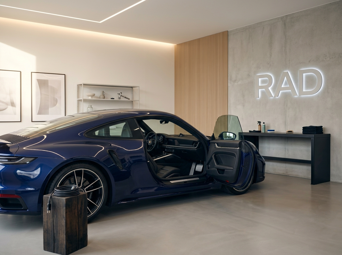 A blue sports car with its door open inside a modern, minimalist garage with white walls and a concrete accent wall that has the illuminated letters 'RAD' on it.