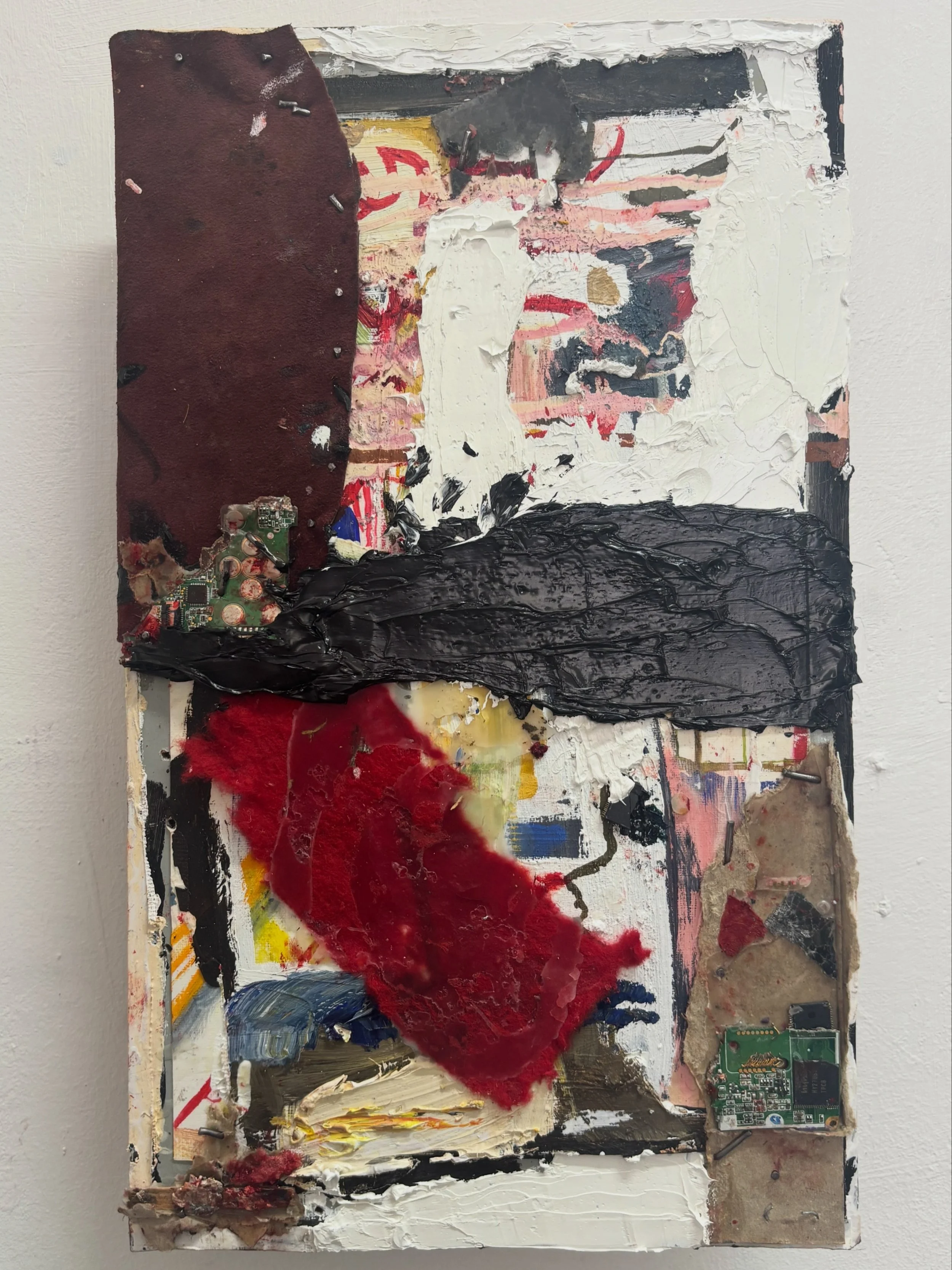 Abstract mixed media art on canvas featuring textures, layered paints, and electronic circuit components in the bottom right corner.