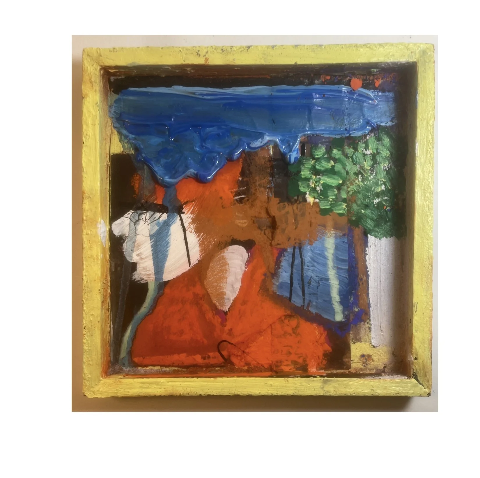 A colorful abstract painting with a yellow border, depicting blue water, orange earth, green trees, and a pathway.