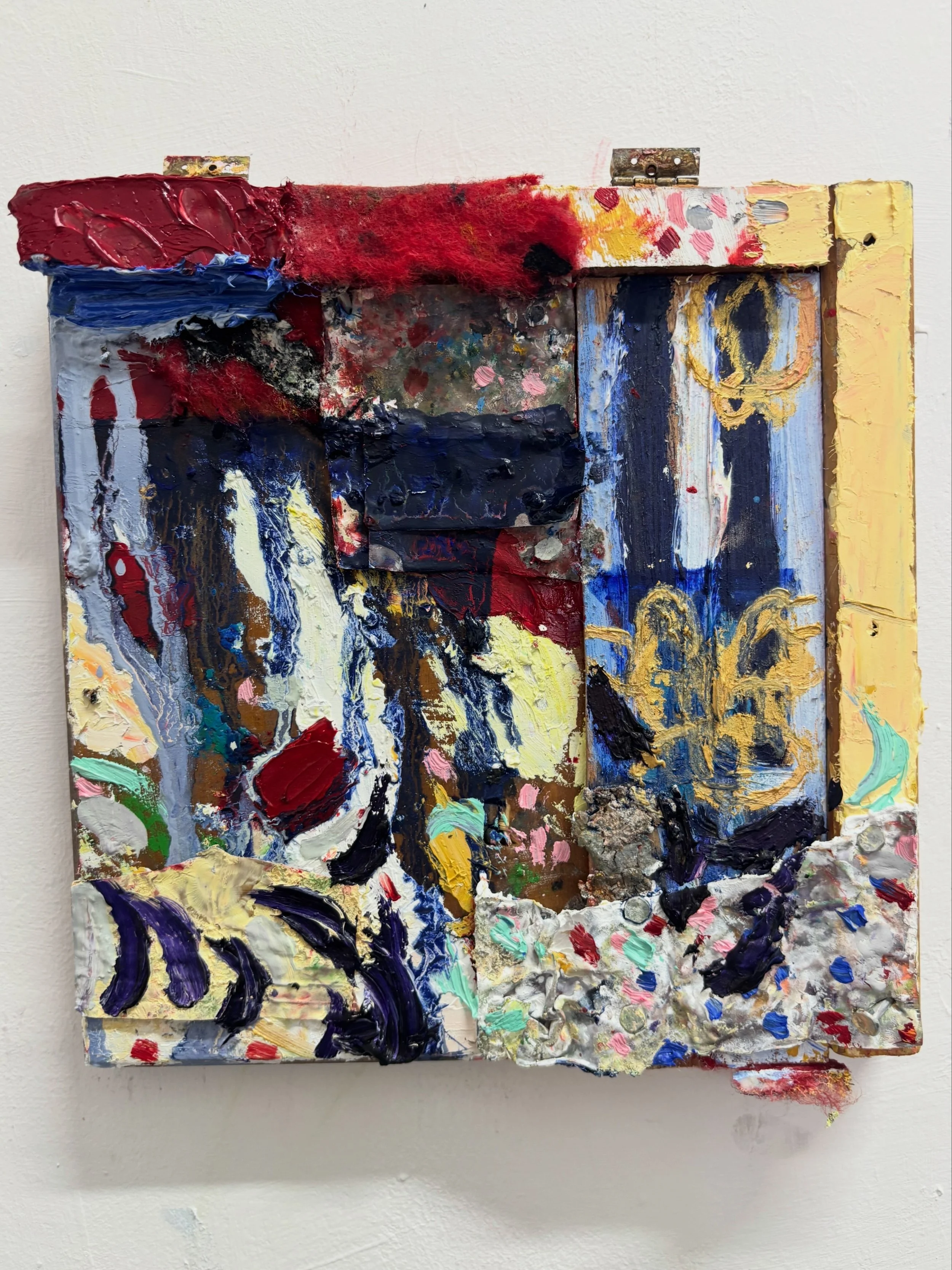 Abstract painting with bold, textured brushstrokes in red, blue, yellow, black, white, and green, created with thick layers of oil or acrylic paint.