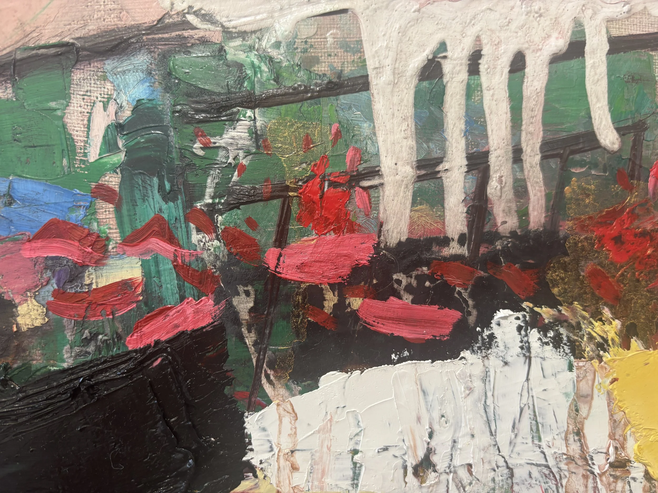 Abstract painting with thick, textured brushstrokes in various colors including green, red, black, white, blue, yellow, and pink, arranged in an expressive, layered manner.