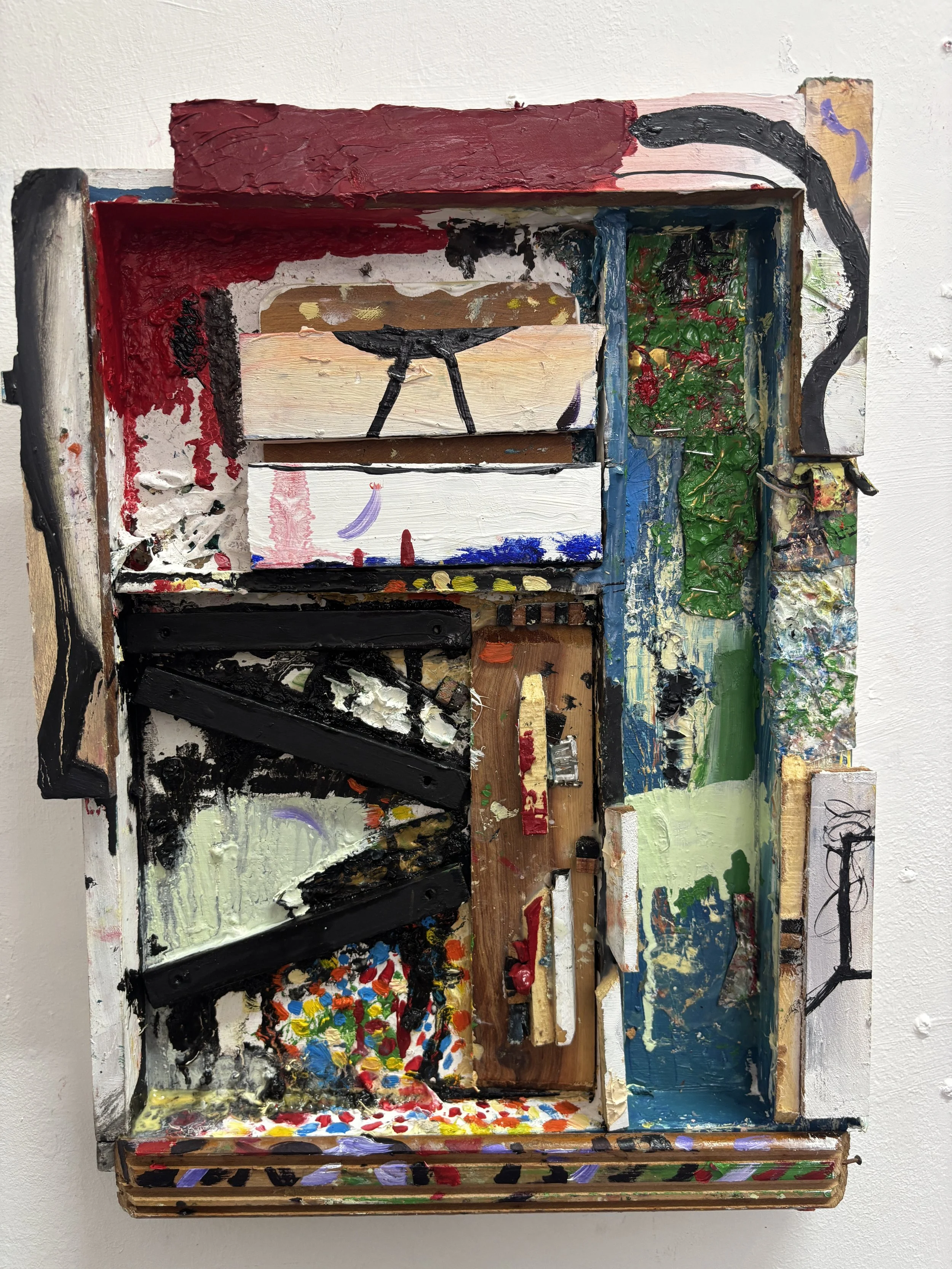 An abstract mixed media painting with colorful textures, brush strokes, and layered paint on a wooden panel.