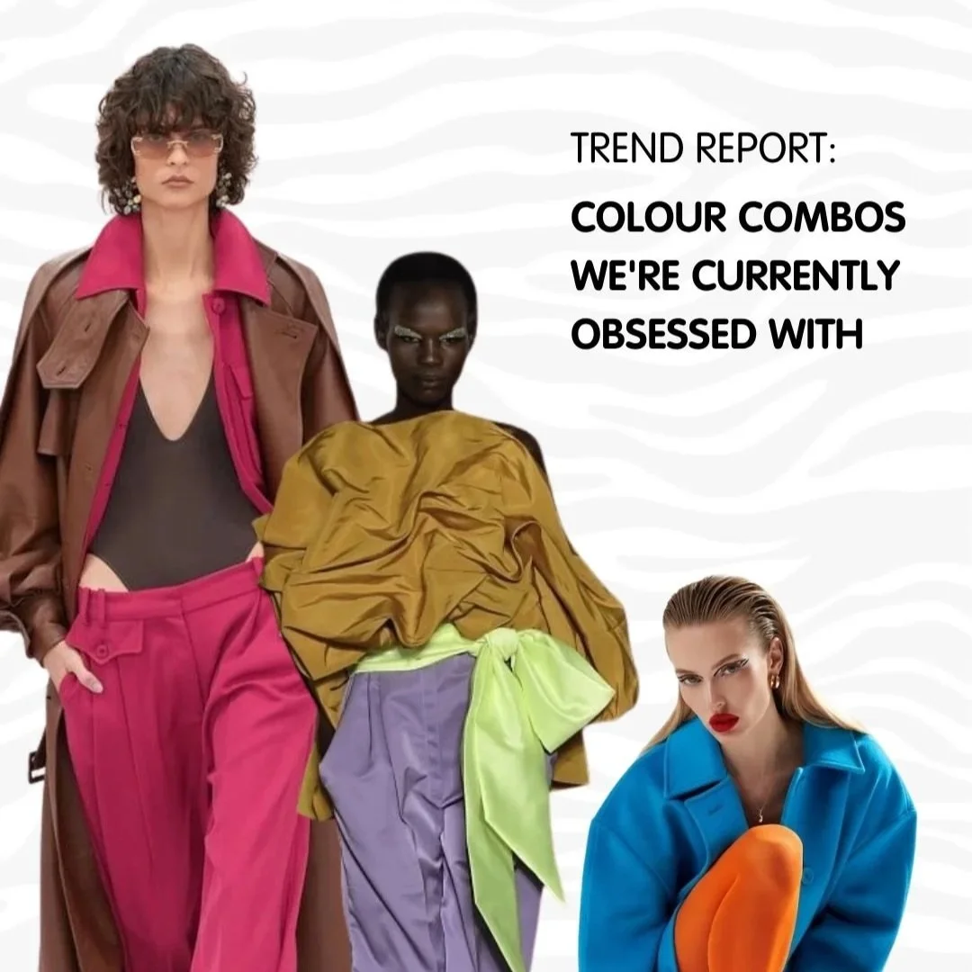 Fashionably dressed three women with bold clothing and makeup, with text about current trend forecast for color combinations.