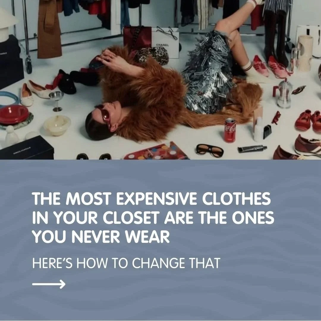 A person lying on the floor surrounded by clothes, shoes, accessories, and drinks with a quote about expensive clothes in closet.