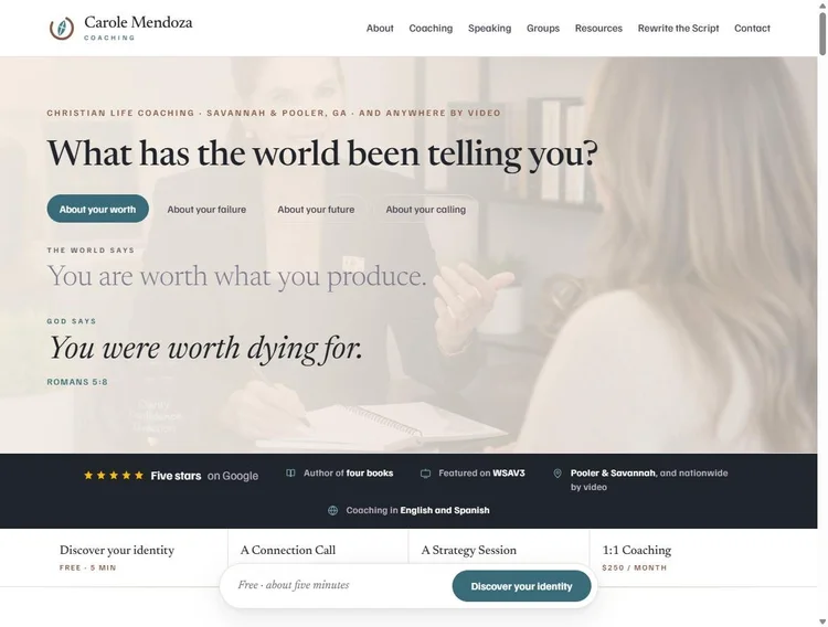 Carole Mendoza Coaching homepage, a Christian life and business coaching website built by Top Three Web Design