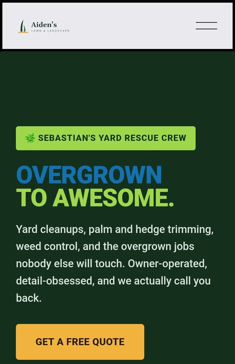 Aiden's Lawn and Landscape, a Sebastian FL lawn care website built by Top Three Web Design