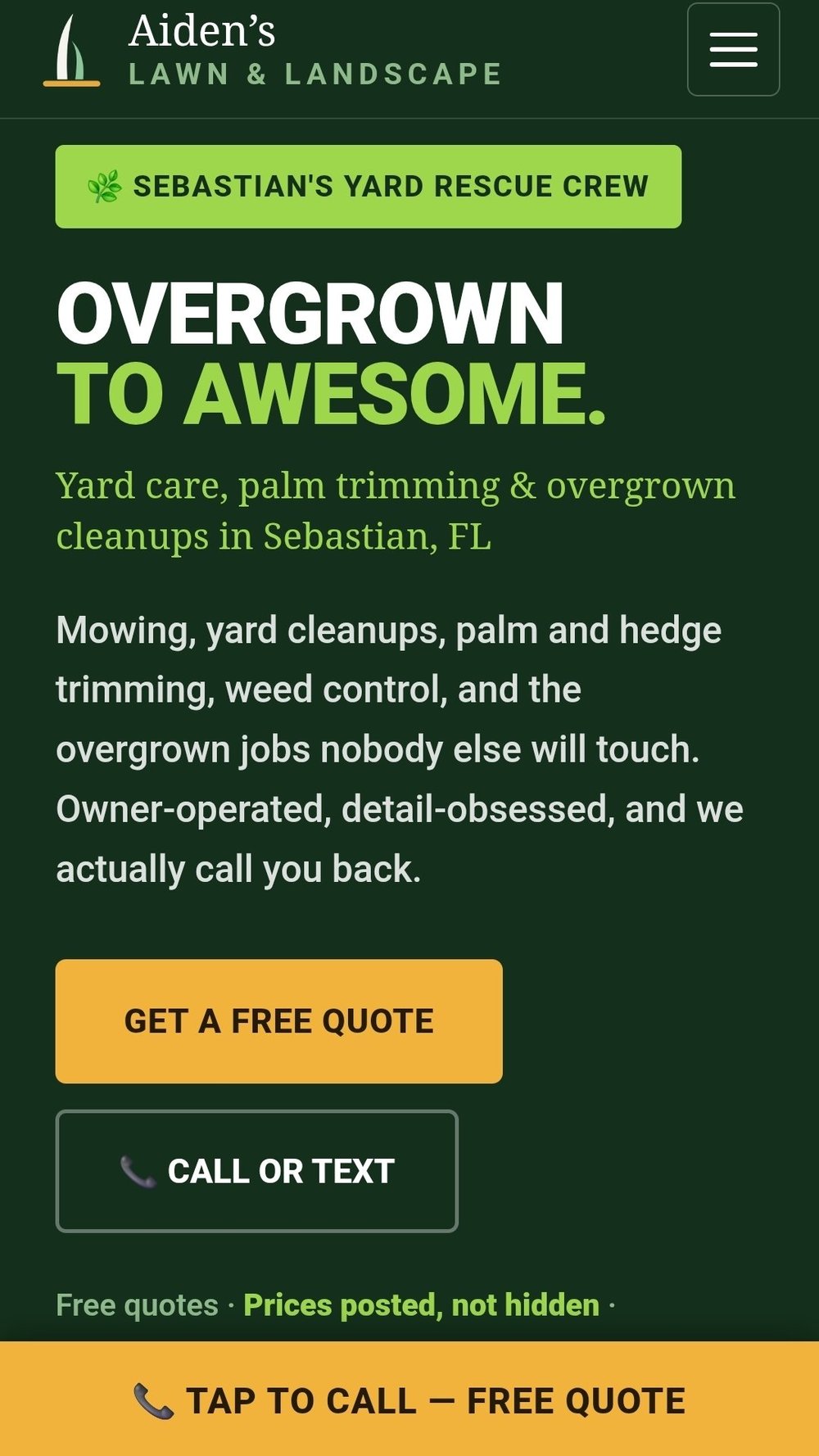 The Aiden's Lawn and Landscape homepage on a phone, showing the overgrown to awesome headline and a tap to call bar fixed to the bottom of the screen