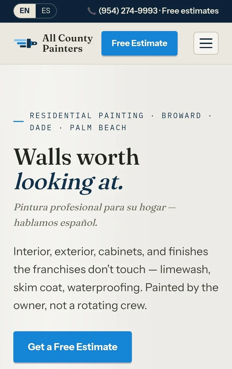 All County Painters homepage, a bilingual painting contractor website built by Top Three Web Design