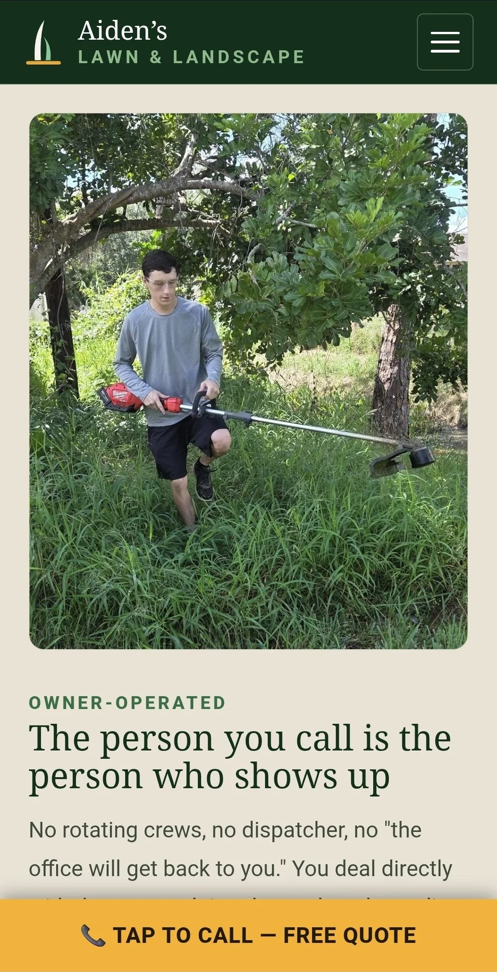The owner of Aiden's Lawn and Landscape clearing an overgrown property in Sebastian, Florida with a string trimmer, shown on the live website