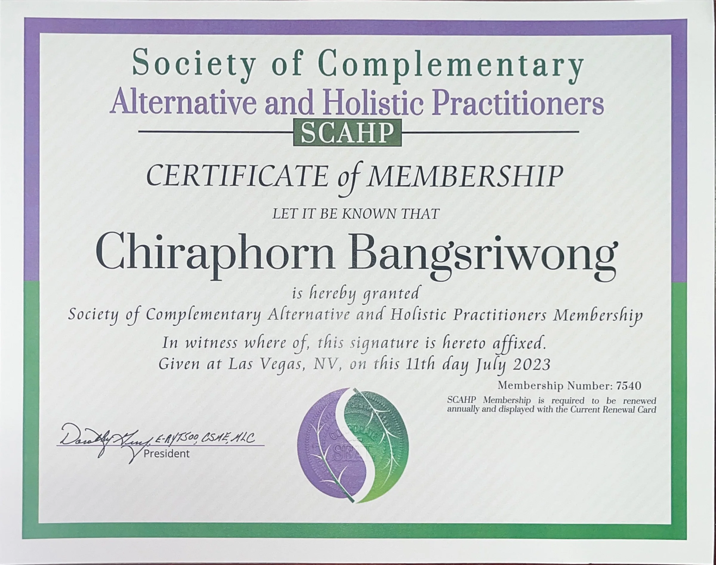 Society of Complementary Alternative and Holistic Practitioners membership certificate for Dr. Chira.
