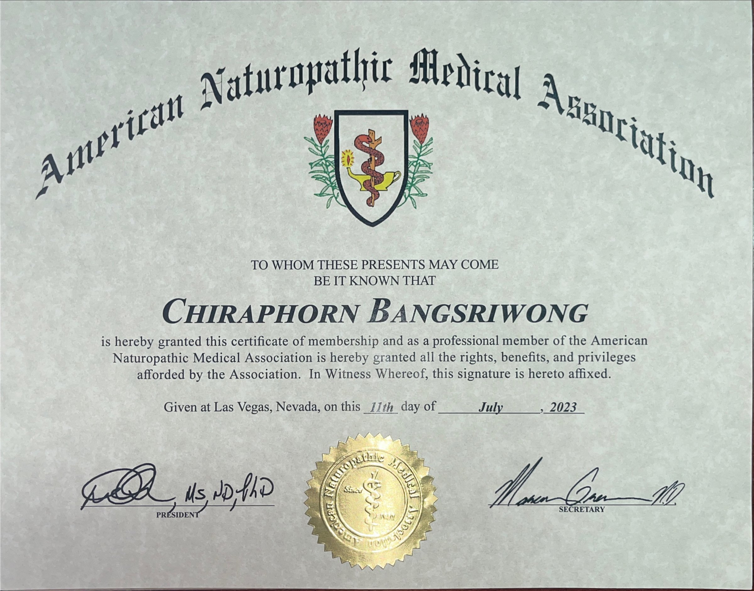 American Naturopathic Medical Association Higher Achievement Award for Dr. Chira.