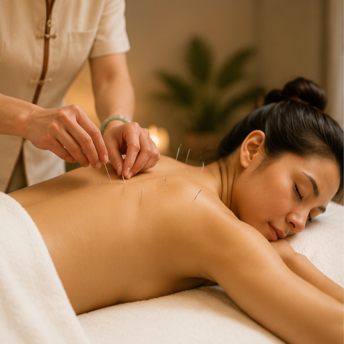 Acupuncture treatment for back pain and muscle tension.