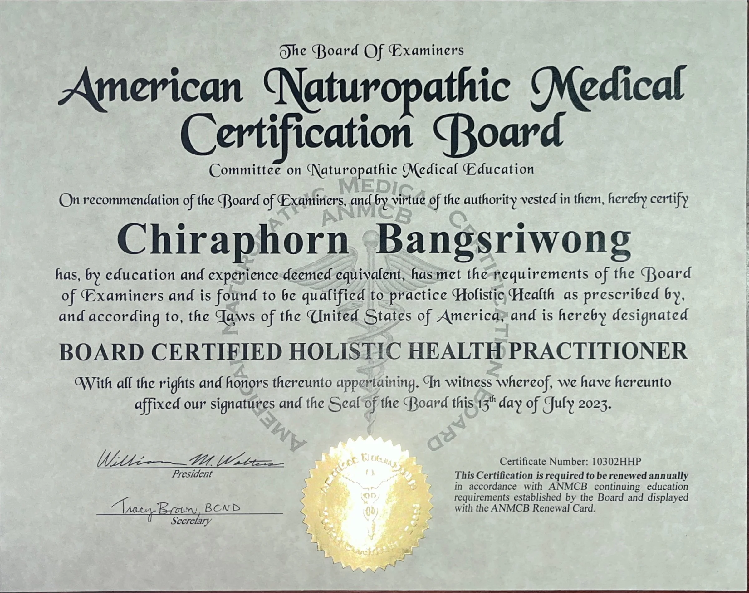 American Naturopathic Medical Certification Board certificate for Dr. Chira.