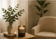 Living room with a beige armchair, a tall plant in a vase, and a lit candle on a wooden table.