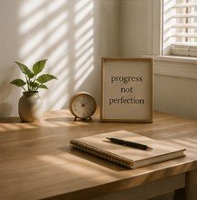 A desk with a potted plant, a small clock, a motivational sign saying 'Progress not perfection,' and a notebook with a pen near a window with blinds.