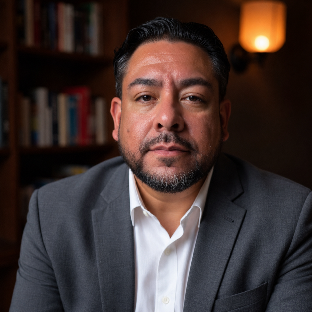 A serious-looking man in a gray suit and white shirt in a dimly-lit office or library setting.