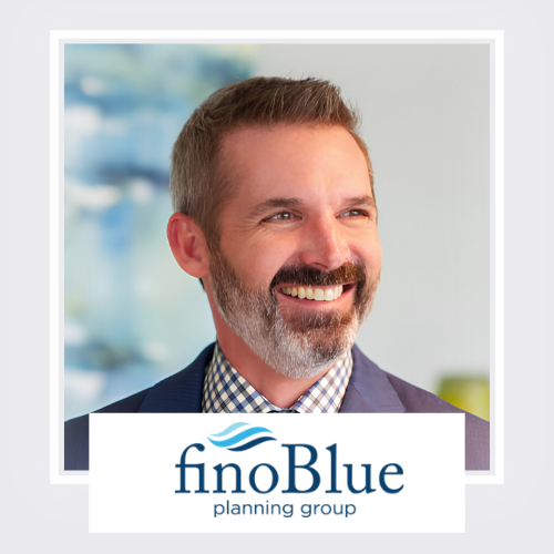 A smiling middle-aged man with a beard and short brown hair, wearing a checkered shirt and blazer, standing in an office environment with a logo reading 'fnoBlue planning group' at the bottom of the image.