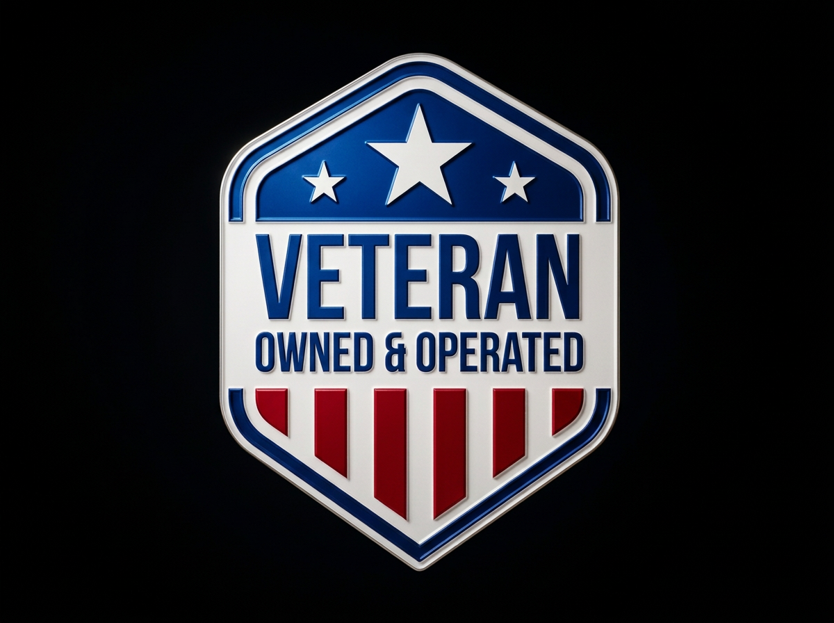 A badge with a blue top section featuring a large star and two smaller stars, and a red and white striped bottom section. Text reads "Veteran Owned & Operated."